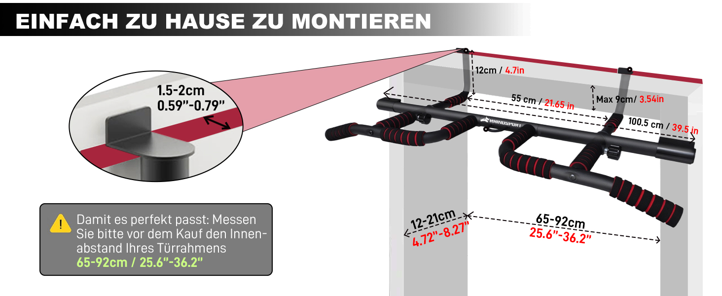 RHINOSPORT Турнік для дверного прорізу – турнік для підтягувань на двері з багатохватним грифом – без свердління, нековзке покриття до 200 кг (440 фунтів) – для дверей 65-92 см