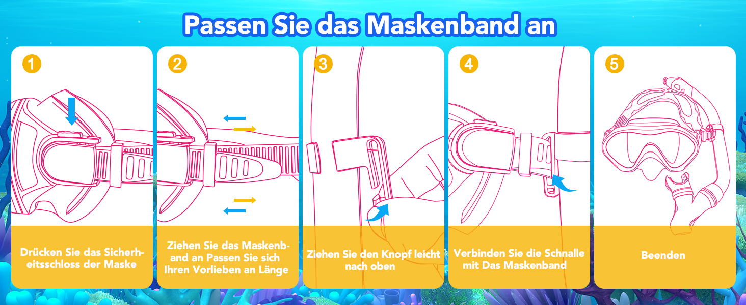 Набір для снорклінгу для дітей з ластами, маска з панорамою 180° проти запотівання, регульовані ласти, високоякісна маска для дайвінгу та сухий снорк (рожевий)