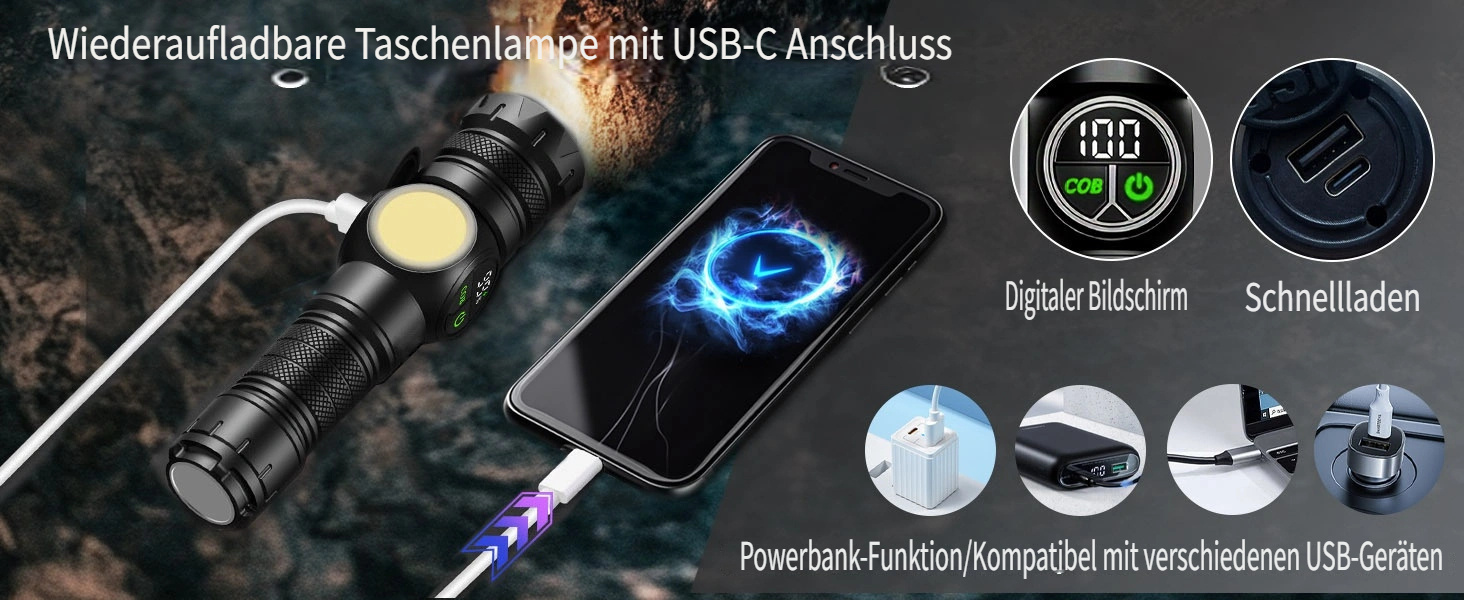 Ліхтар ICARE 600000 Люмен, Тактичний LED ліхтар USB, Cob XHP70.2, IP67, 9 режимів, для кемпінгу, туризму, надзвичайних ситуацій