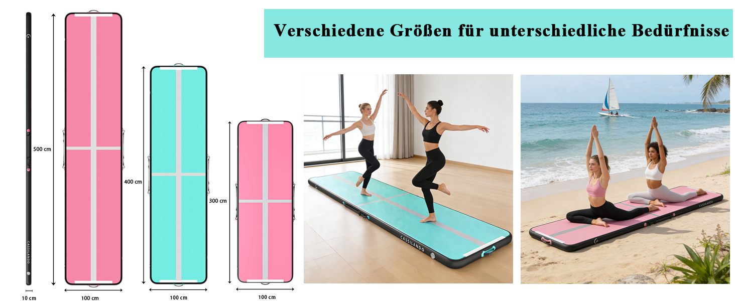 Airtrack CASSILANDO 300x100x10 см - Надувний мат для гімнастики, акробатики та йоги (М'ятний/Чорний)