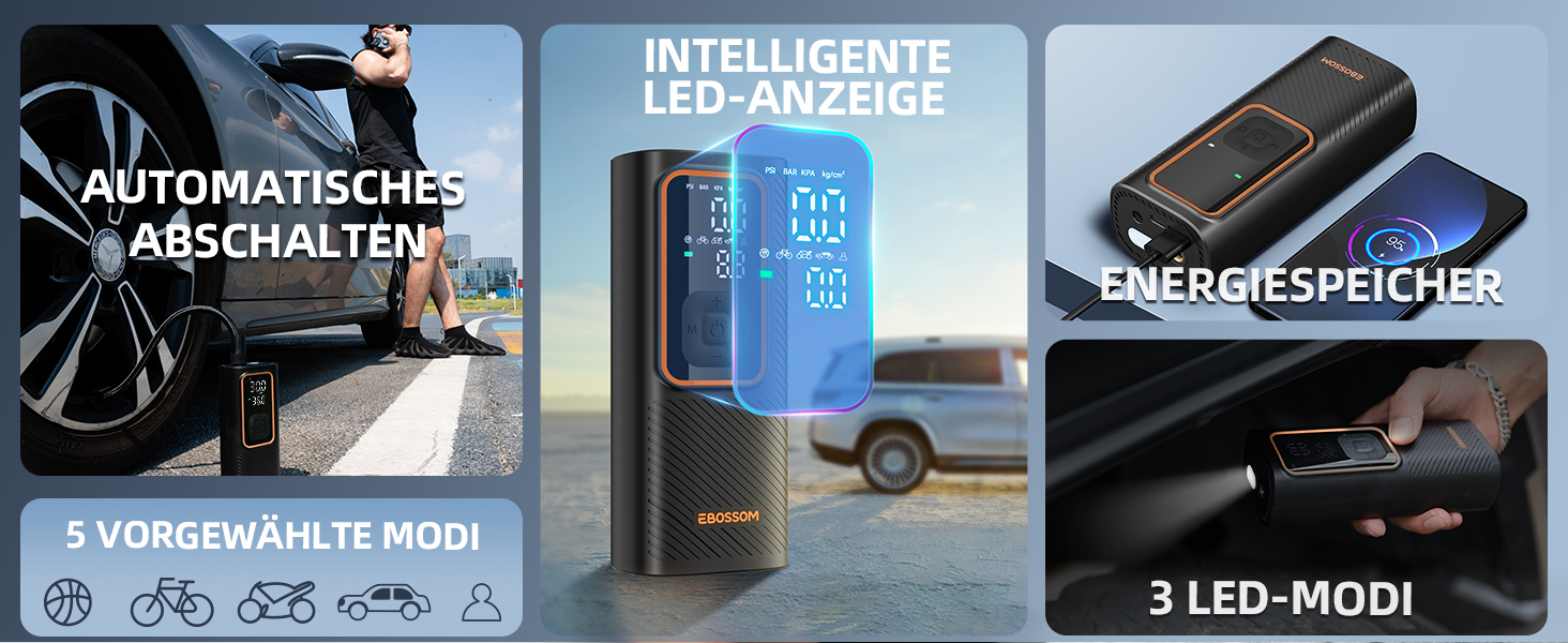 Електрична повітряна помпа 10.3 Bar з акумулятором, 6000mAh та 12V DC, для авто, мото, велосипеда, з LED-ліхтариком та автовимкненням (Оранжева, I7)