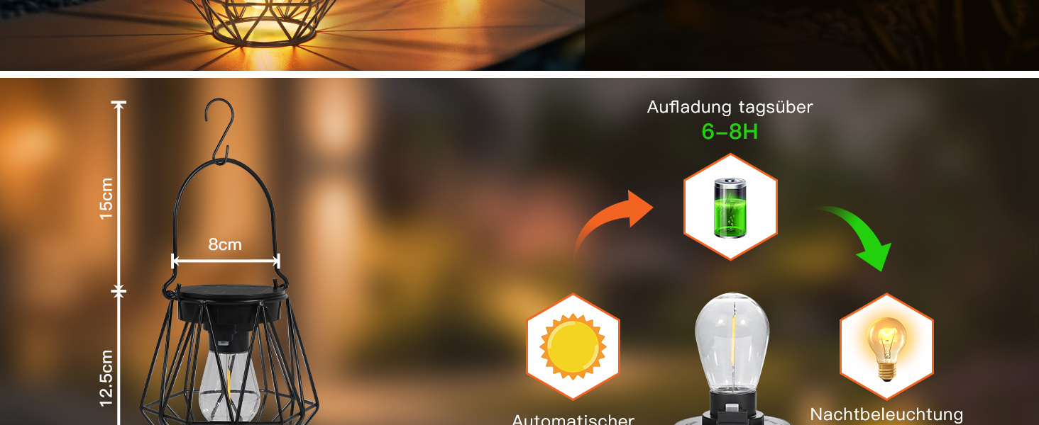 2 Сонячні ліхтарі для вулиці, підвісні, IP65, металеві, LED, для саду, патіо, кемпінгу, газону, чорні (шестикутні)