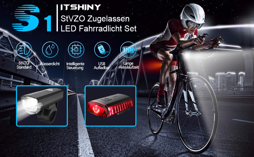 Велофара ITSHINY USB - комплект переднього та заднього світла, водонепроникний, з алюмінію, LED, StVZO, чорний