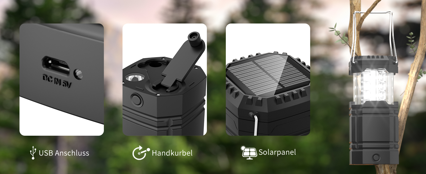 LED кемпінговий ліхтар на сонячній батареї, водонепроникний, з ручкою, акумулятор 3000mAh, для туризму, риболовлі, SOS, відключень світла (чорний)