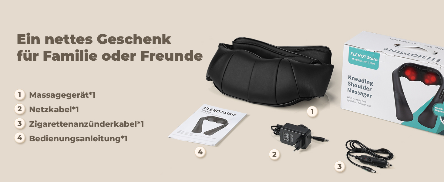 Масажер для шиї та спини ELEHOT з підігрівом, Shiatsu масаж шиї, плечей, спини, попереку, ніг та м'язів. Регульована швидкість, для дому, офісу, авто. Чорний, PU-шкіра