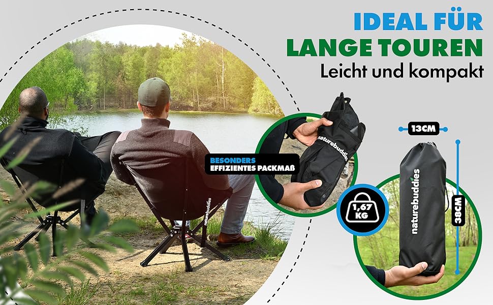 Крісло для кемпінгу Nature Buddies® Faltbar: Легке, компактне, розкладне, до 150 кг | Стільці для риболовлі, відпочинку на природі, фестивалів, туризму | Чорний