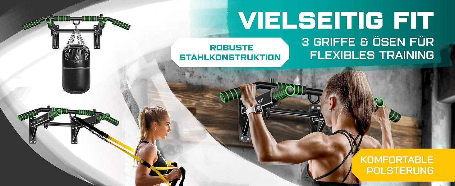KESSER® Турнік настінний 4-в-1 з ручками, мотузками, кільцями та боксерською грушею. Безпечний та стабільний. Для дому. Зелений