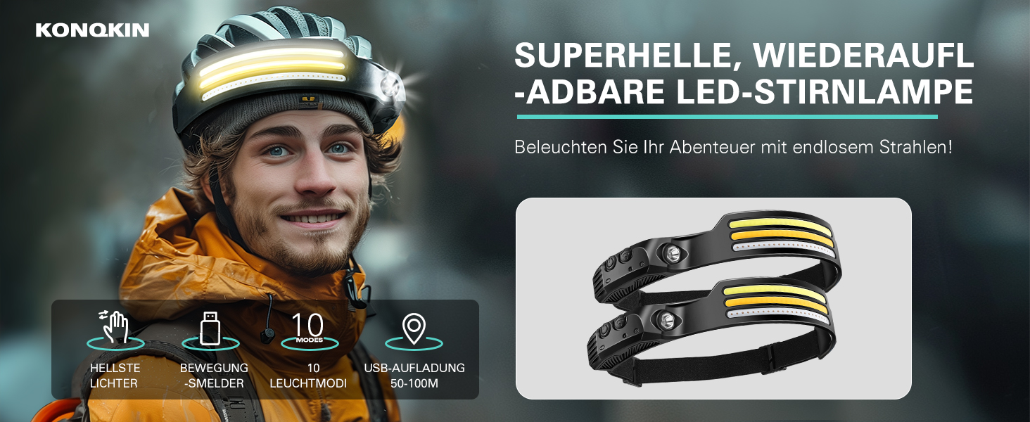 Налобний ліхтар Konqkin 2 шт. LED перезарядна головолампа з 10 режимами, IPX4, з датчиком та червоним світлом для кемпінгу, риболовлі та бігу, чорний