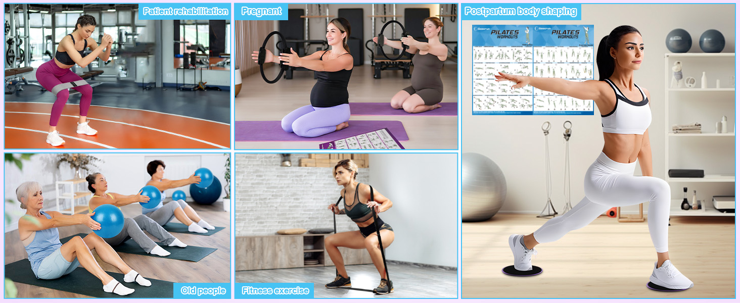 Набір для пілатесу: кільце, еластичні стрічки, фітбол, диски для ковзання, плакат з інструкцією. Домашній спортзал