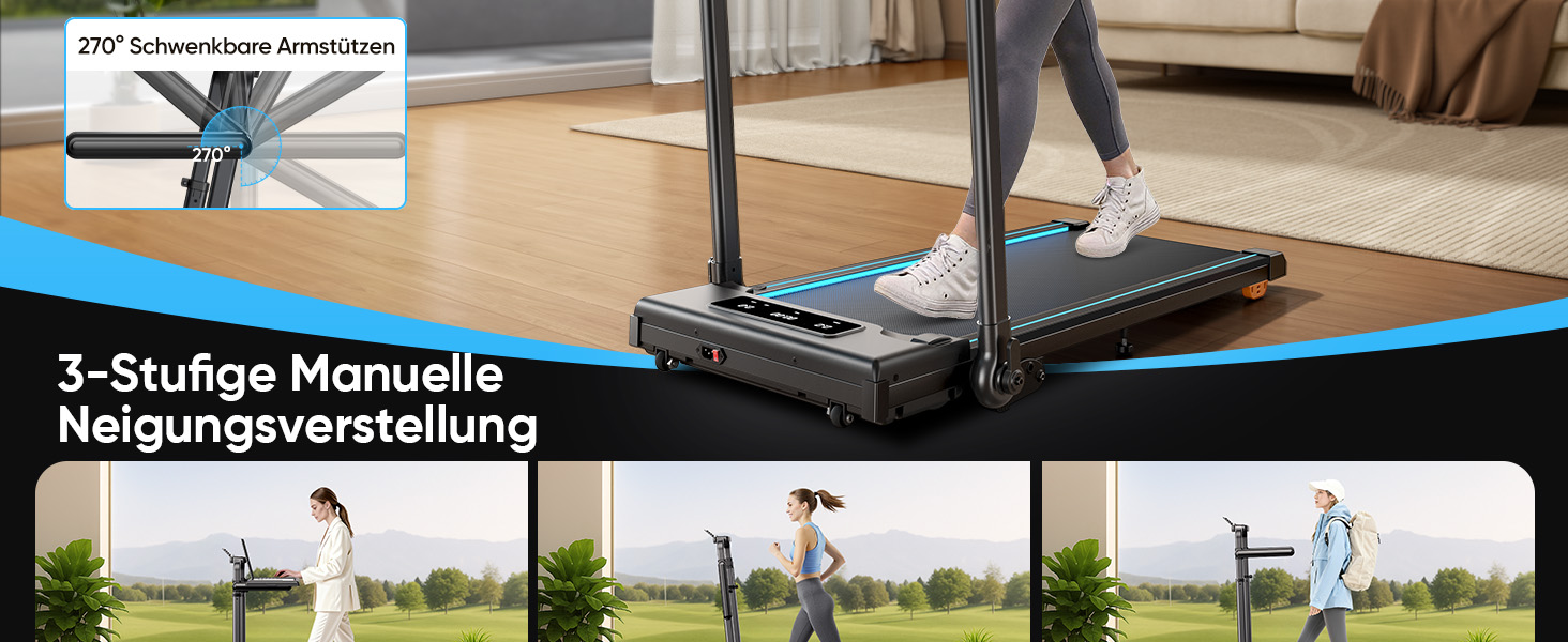 Складне бігове полотно 6-в-1 для дому, складане з регульованим столом, потужність 3.0HP, нахил до 12%, швидкість 12 км/год, Walking Pad з телескопічним підйомником 15 см та RGB-підсвіткою, максимальне навантаження 150 кг, чорно-блакитний колір