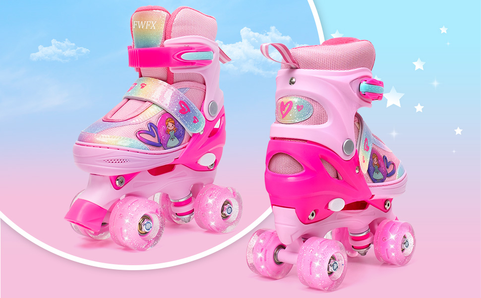 Дитячі ролики FWFX з регулюванням та підсвіткою, підходять для залу та вулиці, розмір S (EU 28-31 / MM 160-200), рожеві