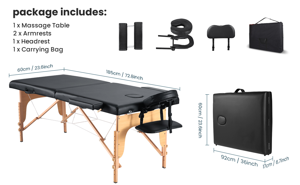 Складаний мобільний масажний стіл BODIOO з дерев'яними ніжками, 2 зони, регульована висота, до 250 кг, чорний