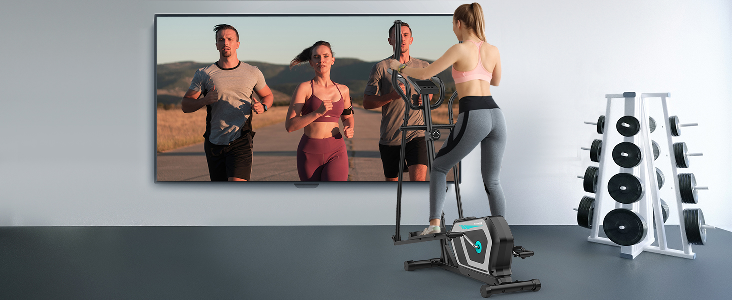 Еліптичний тренажер Crosstrainer 3-в-1 з LCD-монітором та Bluetooth, 16 рівнів опору, 6 кг маховик, до 130 кг, чорний