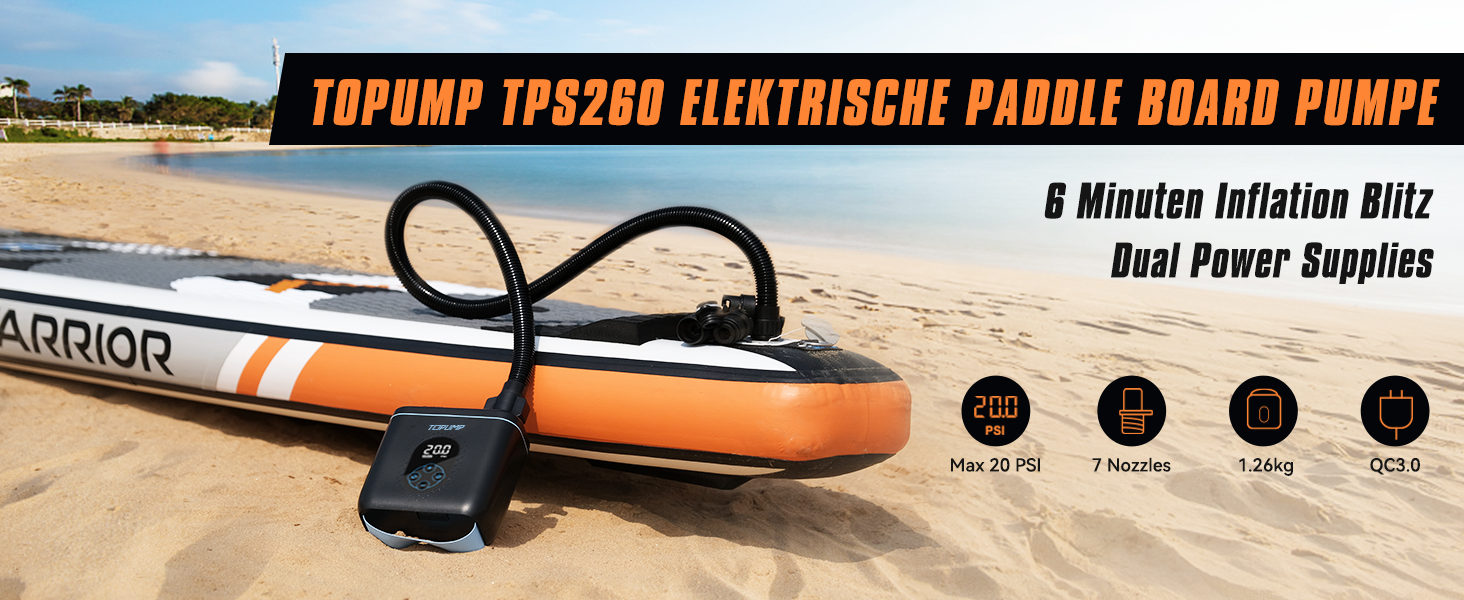 Електричний насос для SUP, каяк, човен: TOPUMP 20PSI TPS260, акумулятор, авто-вимкнення, накачування/здування, Type-C, блакитний