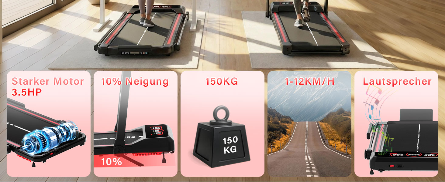 Тренажер для дому Laufband з нахилом 10%, швидкості 1-12 км/год, складний Walking Pad, 3.5HP, з Bluetooth-динаміком, 12 програм, APP та LED-дисплеєм (Чорний)