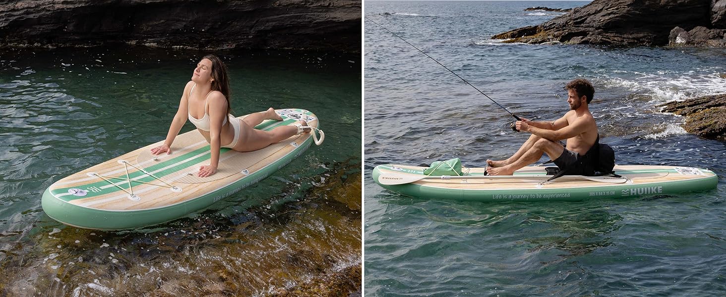 Надувний SUP-борд HUIIKE Stand Up Paddle Board з аксесуарами: весло, фіни, насос. Стабільний та міцний, 305 × 84 × 15 см, до 130 кг (Paulownia Mint - Full Pack)