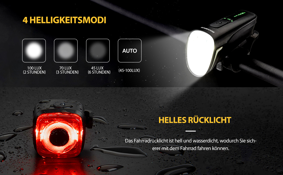 ROCKBROS LED велосипедне світло, USB зарядка, водонепроникний ліхтар для велосипеда, комплект переднього та заднього ліхтаря, 100 Люкс, чорний