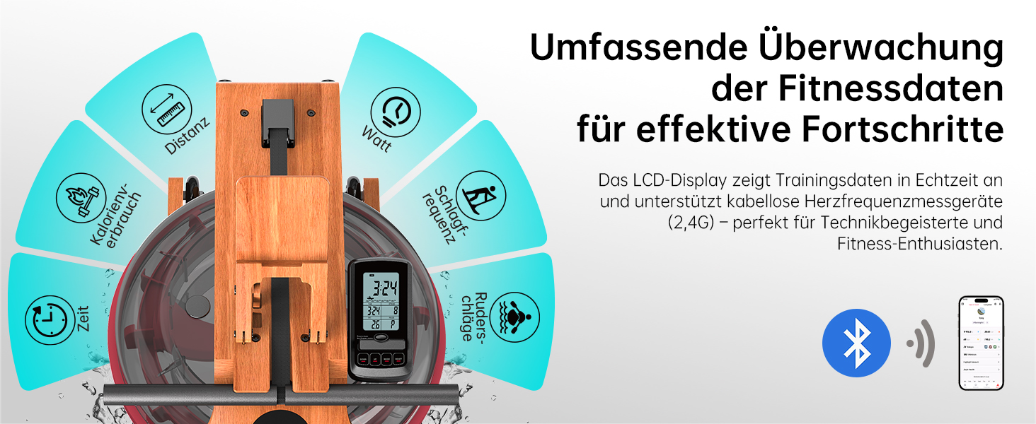 Складальний гребний тренажер R3 з дубового дерева, з Bluetooth LCD-дисплеєм, підтримкою Kinomap, баком для води 28л, ергономічним сидінням та тримачем для планшета, до 150 кг