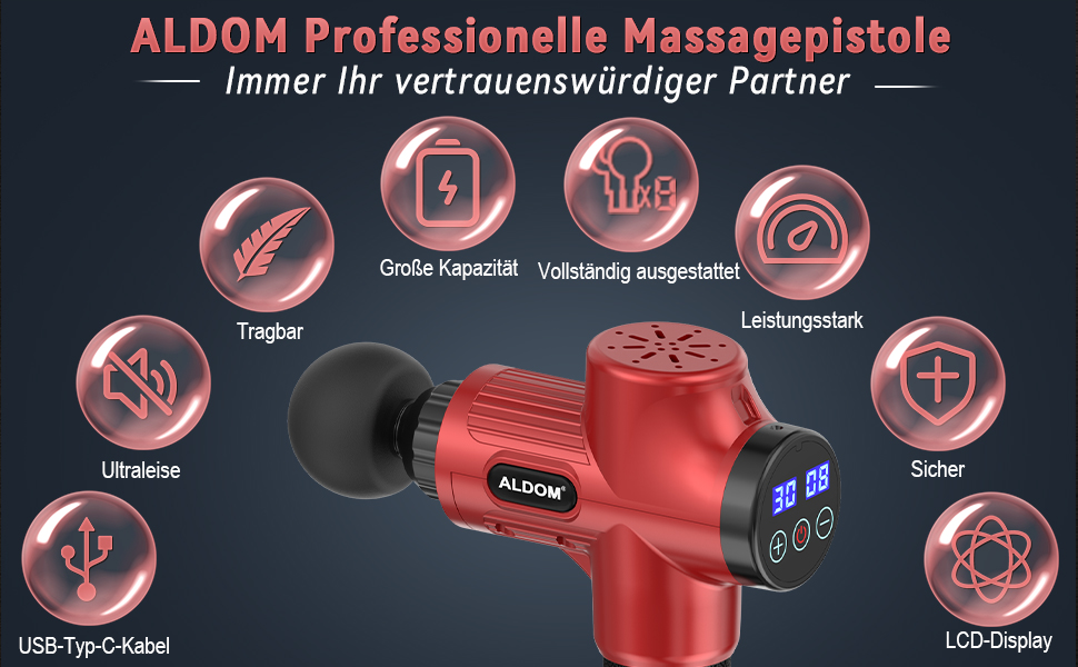 Масажер для м'язів, електричний масажний пістолет з 30 швидкостями та 8 насадками (червоний)