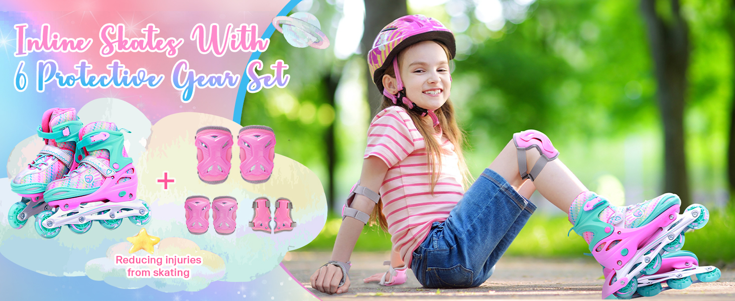 Дитячі ролики Sportneer з регулюванням 30-41, комплект з 6 захисниками та LED, рожевий, EU 34-37