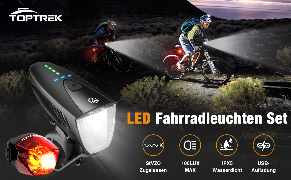 Велофара Toptrek 100LUX: комплект передньої та задньої велофари USB, водонепроникний IPX5, схвалено StVZO