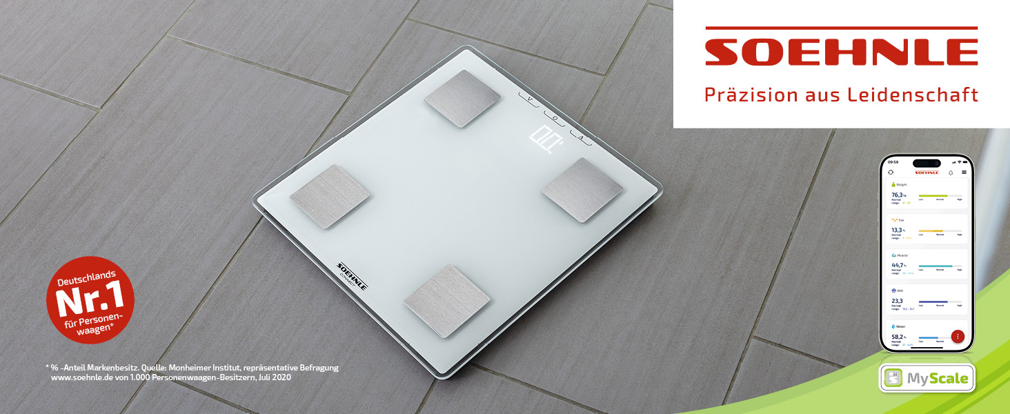 Розумні ваги Soehnle Shape Sense Connect Lite, аналіз складу тіла, з'єднання з додатком, вимірювання жиру, води, м'язової маси, LED-дисплей, білі