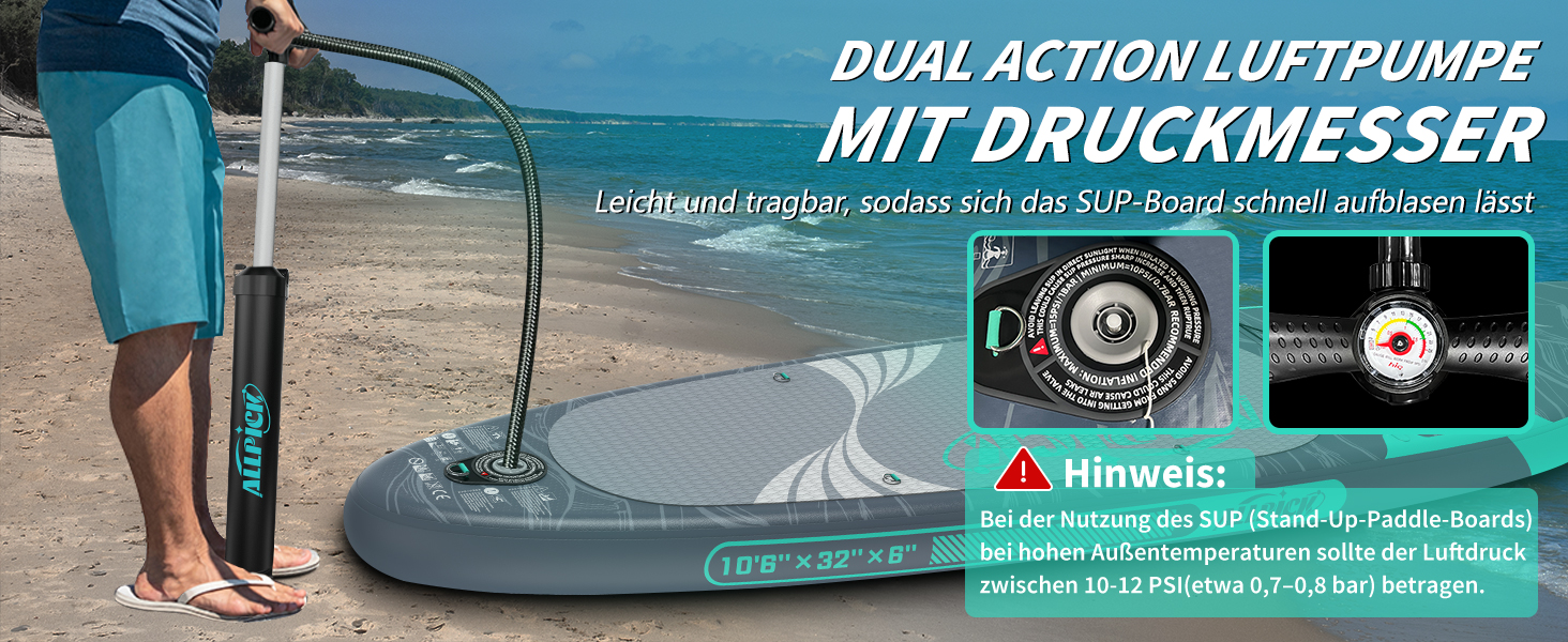 Надувний SUP-борд ALLPICK Premium Set: Комплект для станд-ап паділінгу з аксесуарами, кріпленням для камери та регульованим веслом (200 кг, Сіво-бірюзовий)