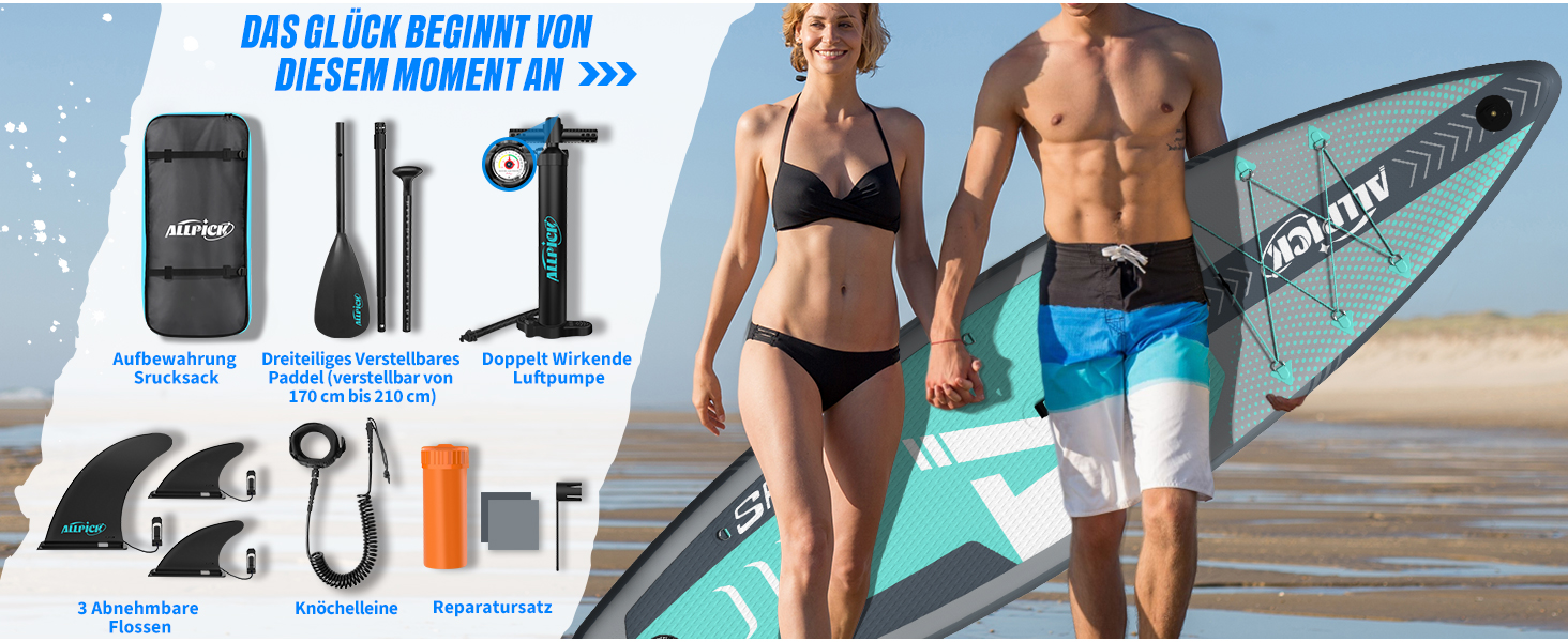 ALLPICK SUP Board Premium набір: Дошка для Stand Up Paddling надувна, з кріпленням для камери, повний комплект аксесуарів, регульоване весло, для початківців та просунутих, вантажопідйомність 200 кг, сіро-зелений