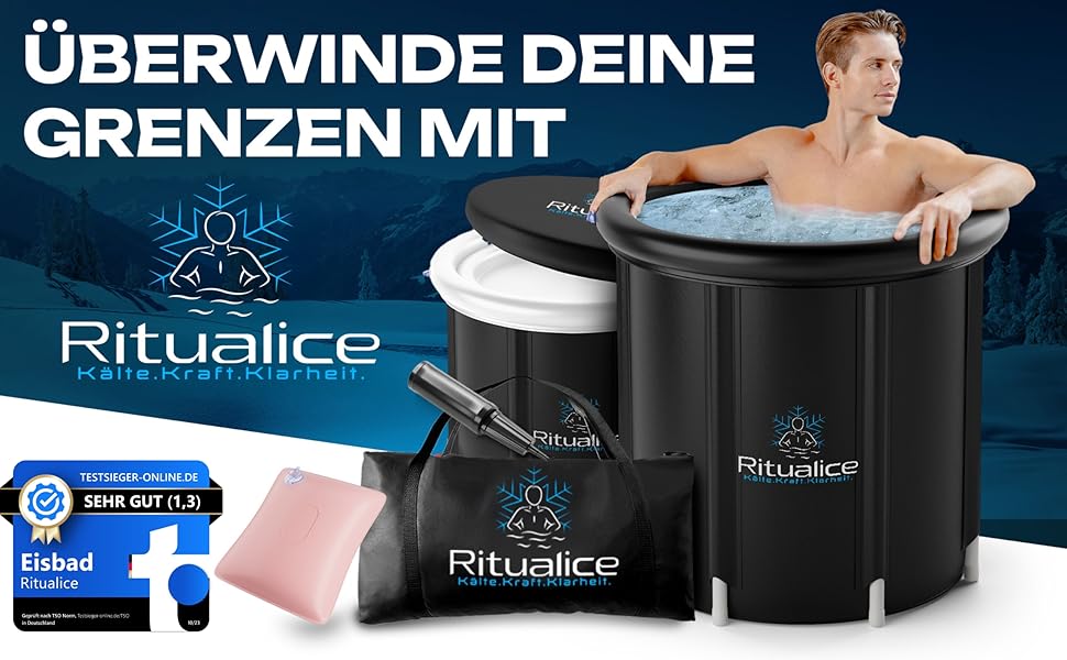 Ritualice® Преміум ванна для льоду (80 см Ø) XL Комплект - Переможець тесту - Набір для ванни з льодом з кришкою, тканиною та XL сумкою - Ідеально для криотерапії та відновлення - Льодова бочка з 5-шаровою ізоляцією, білий колір з XL сумкою
