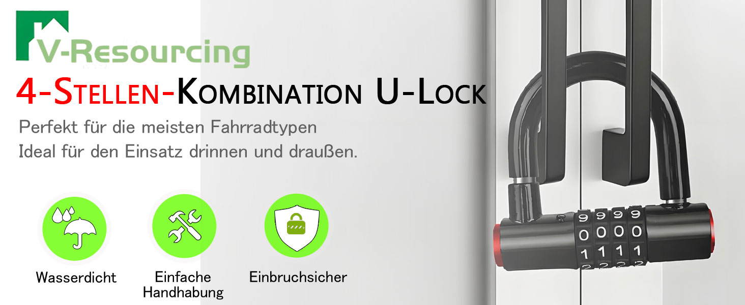 Замок для велосипеда комбінований (4 цифри) - сталевий U-Lock, захист від крадіжки, вологостійкий, з чохлом. Підходить для електровелосипедів, гірських велосипедів, міських велосипедів