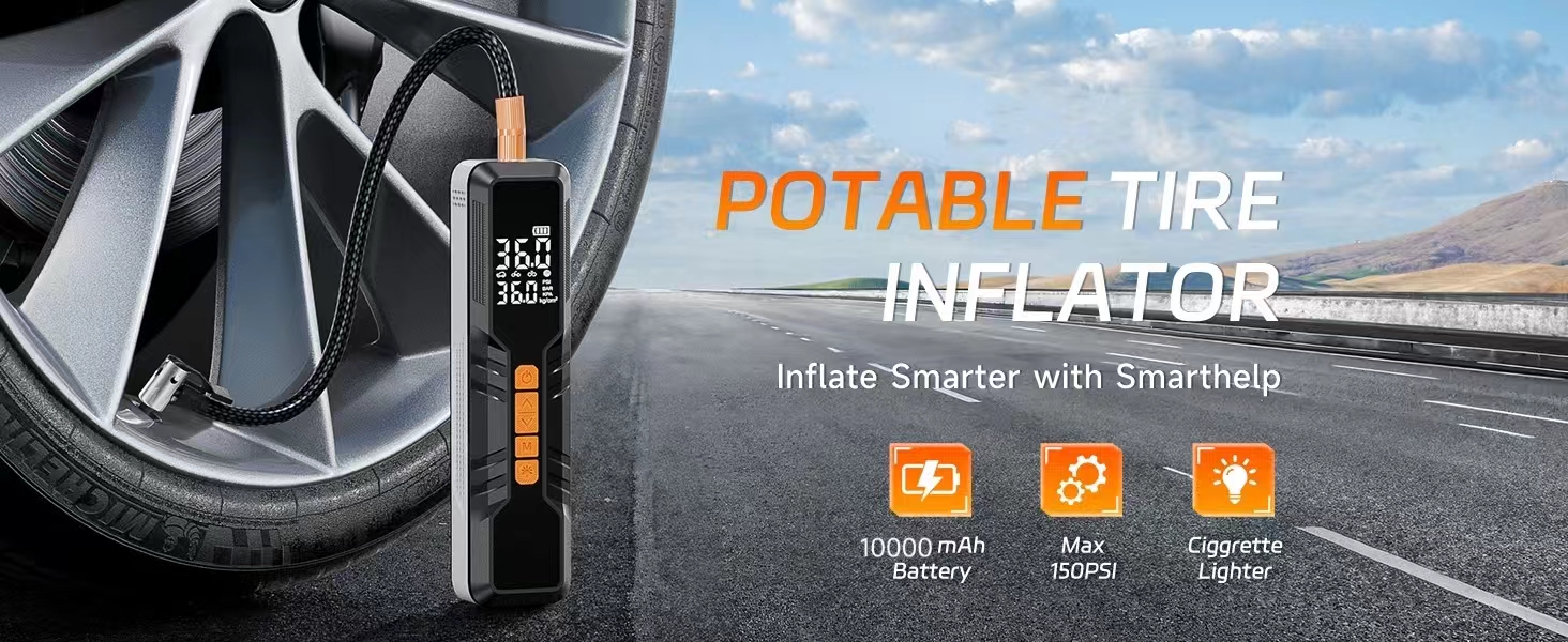 Електричний насос-компресор 150PSI, акумулятор 10000мАг, портативний, LCD-дисплей, для авто і велосипедів