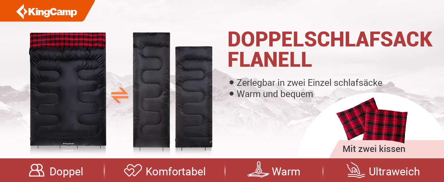 Спальний мішок KingCamp на 2 особи з фланелі, зимовий, для кемпінгу та відпочинку на природі, 3-4 сезони, з 2 подушками, підходить для дітей та дорослих (зелений)