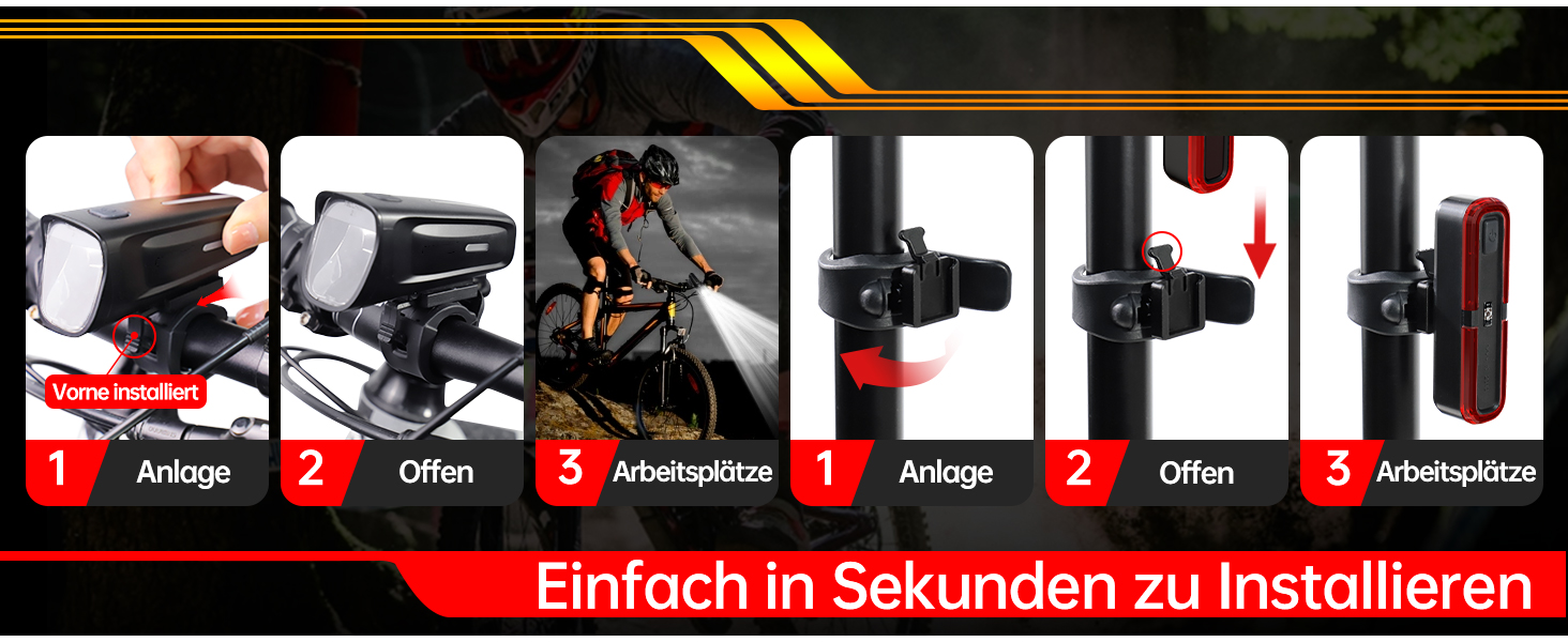 LED велосипедне освітлення: комплект 100 Lux, сертифікований StVZO, USB зарядка, водонепроникність IPX5, переднє та заднє світло з функцією гальмування