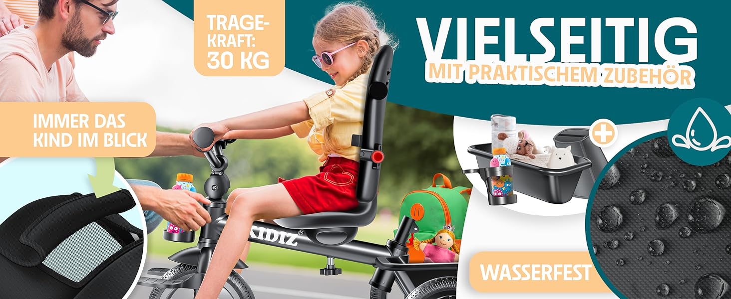 Дитяче триколісне велосипед KIDIZ 6в1 з батьківською ручкою, кошиком, дахом та гальмами. Підходить для дітей від 9 місяців до 25 кг. Рожевий.