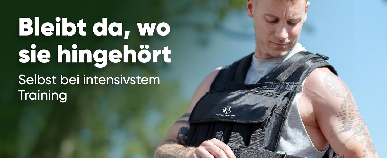 Вага для тренувань PURE MAJIN® 20 кг, регульована, з кишенею та металевим ременем | Фітнес, воркаут, біг, калістеніка, обладнання, вага, тренування - чорний або камуфляжний чорний