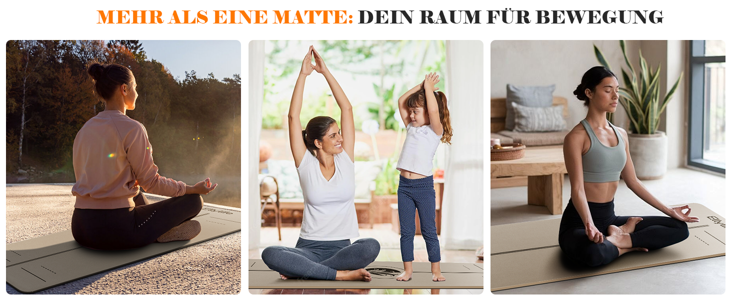 Килимок для йоги та пілатеса з еко-каучуку та TPE, протиковзкий з лініями розмітки, бежевий, 4мм, з ременем для перенесення