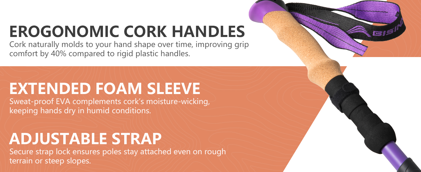 Телескопічні палиці для скандинавської ходьби та гірських походів BISINNA, карбонові, з корковими ручками, ультралегкі, фіолетові, 100-115 см