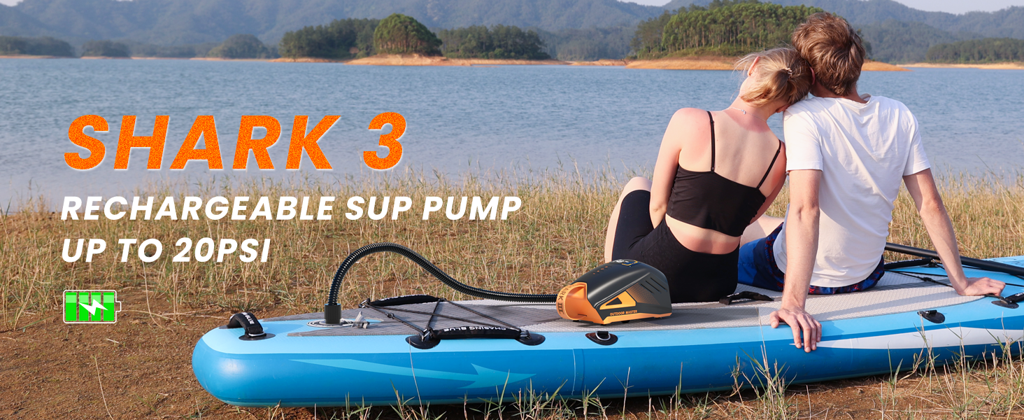 OutdoorMaster Shark 3: Електричний насос для SUP з акумулятором - Швидке надування, 20PSI, 74Wh. Підходить для SUP, човнів та надувних виробів. 8 насадок, 12V/15.8V DC та Type-C живлення.