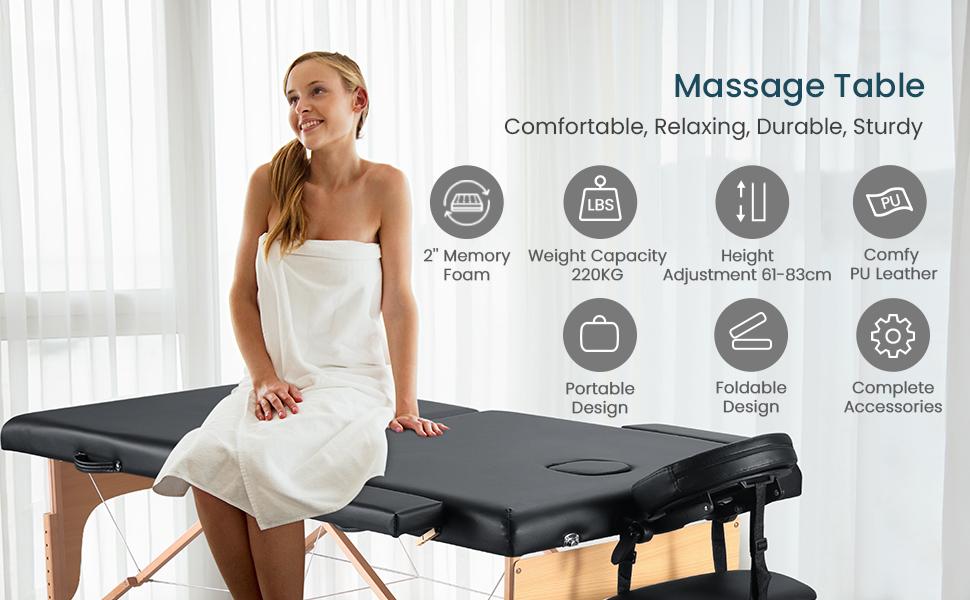 Складаний мобільний масажний стіл BODIOO з дерев'яними ніжками, 2 зони, регульована висота, до 250 кг, чорний