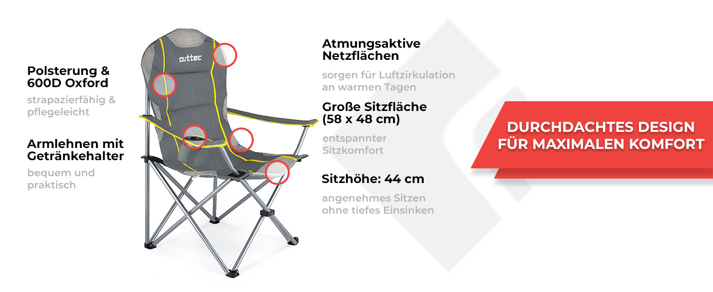 Зручний складаний стул для кемпінгу Outtec: 130 кг, висока спинка, підсклянник, сумка, зелений (сірий)