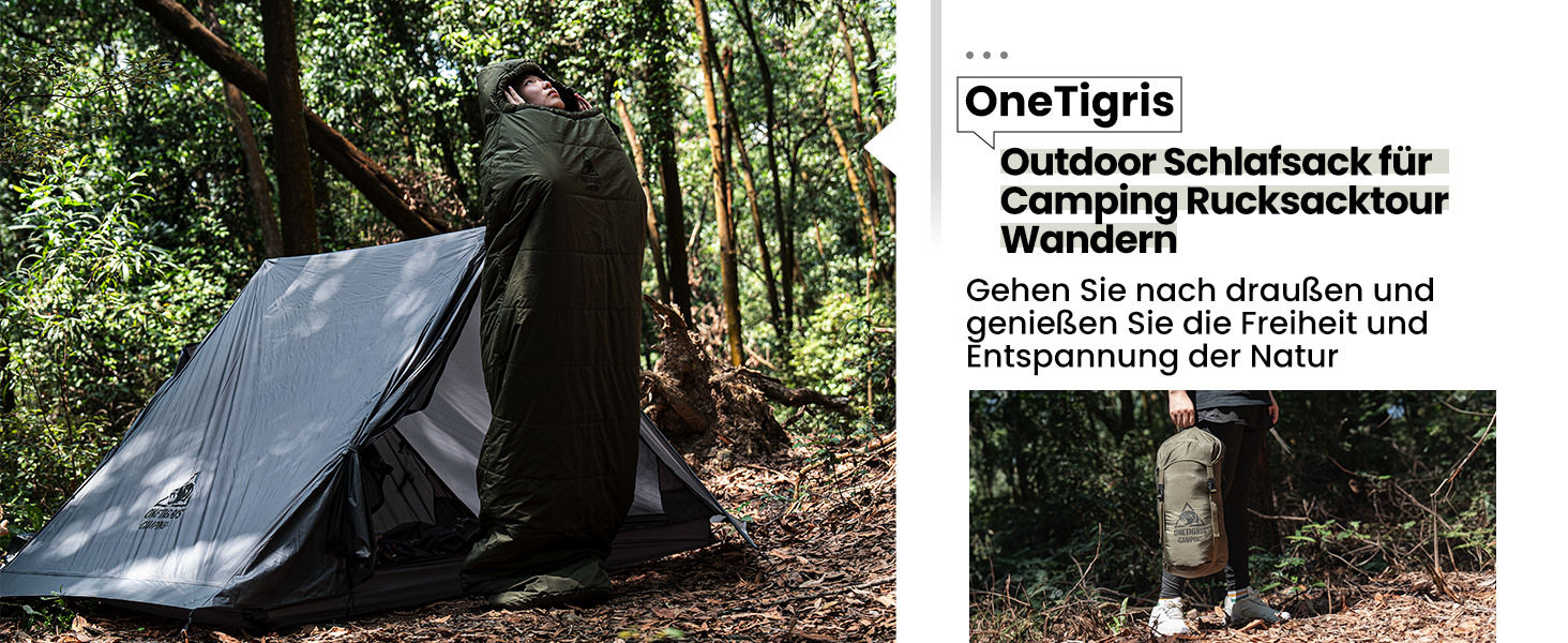 Спальний мішок OneTigris 3 сезони, 8-15°C, компактний, ultralight, для кемпінгу, подорожей, походів (зелений)