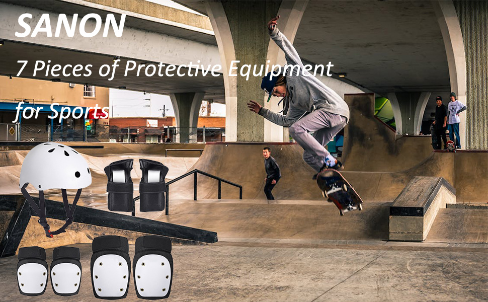 Комплект захисту SANON для дорослих (7 предметів): шолом, наколінники, налокітники, захист зап'ясть для велосипеда, ролика, скейтборду, чорний, розмір M (41-60 кг)