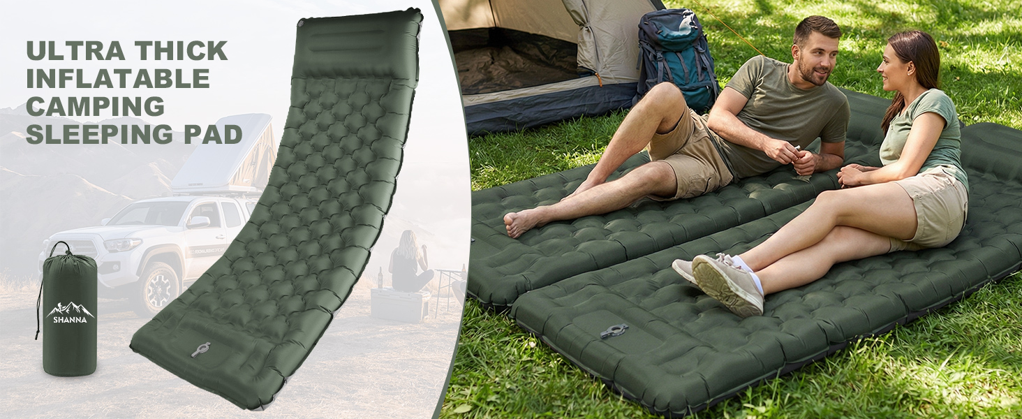 Надувний килимок для кемпінгу SHANNA Isomatte Outdoor 12 см з подушкою та насосом, блакитний павич
