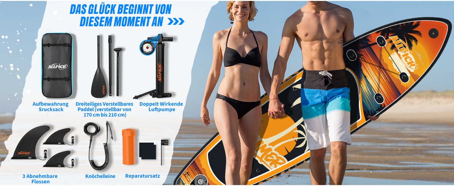 Набір SUP-дошки ALLPICK Premium: надувна дошка для сапсерфінгу з кріпленням для камери, повний комплект аксесуарів, регульоване весло, для початківців та досвідчених, 200 кг (Колір: Захід сонця - Оранжевий)