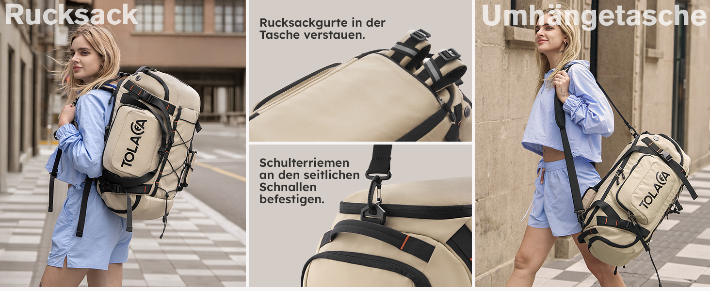 Спортивна сумка-рюкзак Tolaccea для чоловіків та жінок – велика дорожня сумка з відділенням для взуття, мокрою одежі та ноутбука (15,6'') – водонепроникна сумка-мішок для відпочинку, фітнесу, спорту та подорожей (Хакі, 40л)