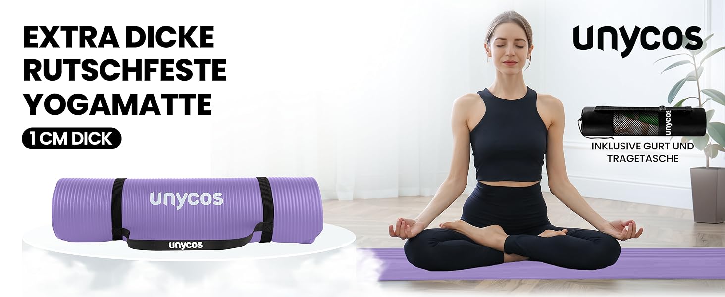 Килимок для йоги Unycos з антиковзаючою поверхнею, високої щільності 6/10/15 мм, для фітнесу, пілатесу та тренувань. Зручний ремінь для перенесення та електронною книгою. Колір: фіолетовий (#03), розмір: 183*60*1 см