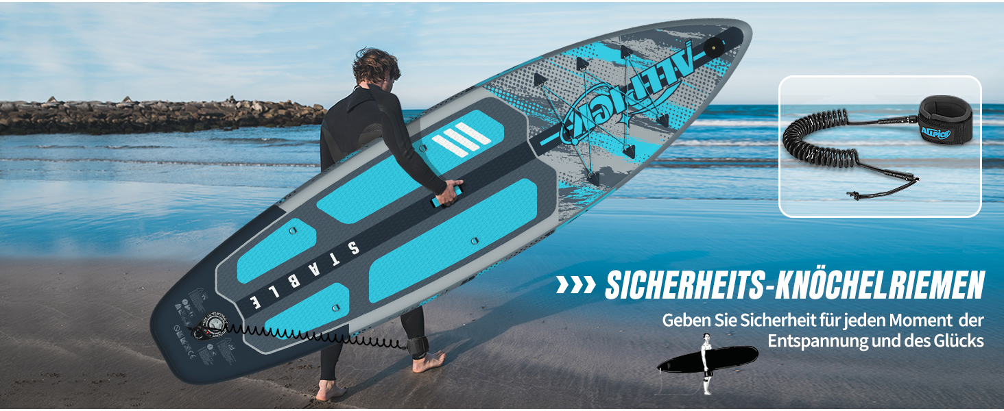 Надувний SUP Борд ALLPICK Premium Set: Комплектація для початківців та просунутих, з камерою, регульованим веслом, 200 кг, колір: ошм'ятково-блакитний