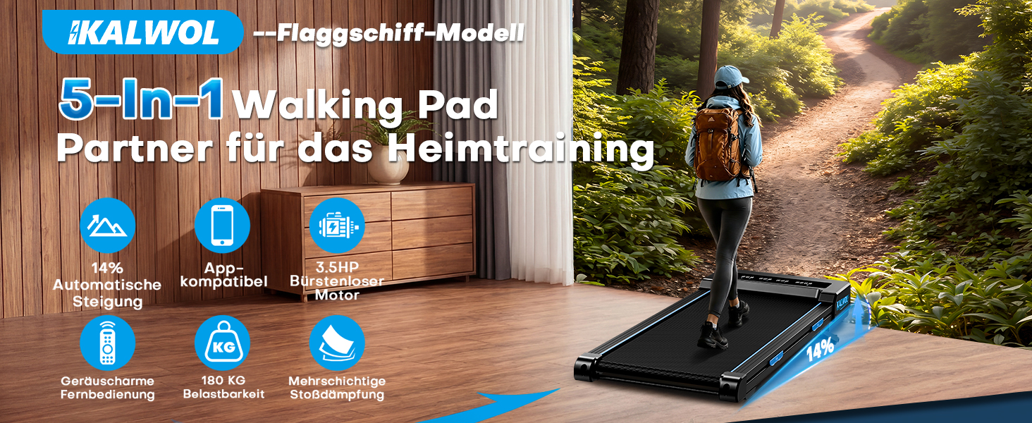 Бігова доріжка Walking Pad з автоматичним нахилом 14%, потужний безщітковий двигун 3.5 HP, швидкість до 10 км/год, LED-дисплей, 12 HIIT-програм, до 180 кг, чорно-блакитна
