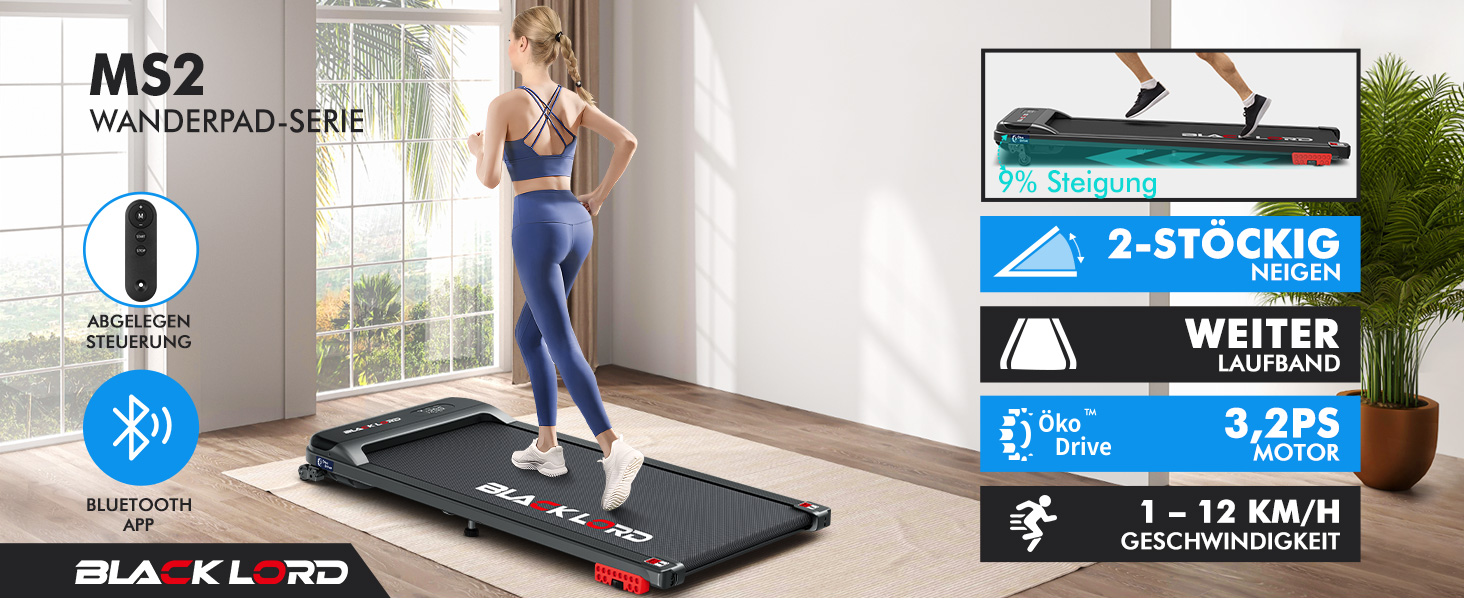 Walkingpad Laufband BLACK LORD MS2: біговий доріжки, 9-16 км/год, регулювання нахилу до 9%, 2.2-3.2 PS, до 140 кг, портативний, тихий, LED-дисплей, додаток, для дому та офісу, біг, фітнес-машина (чорний)