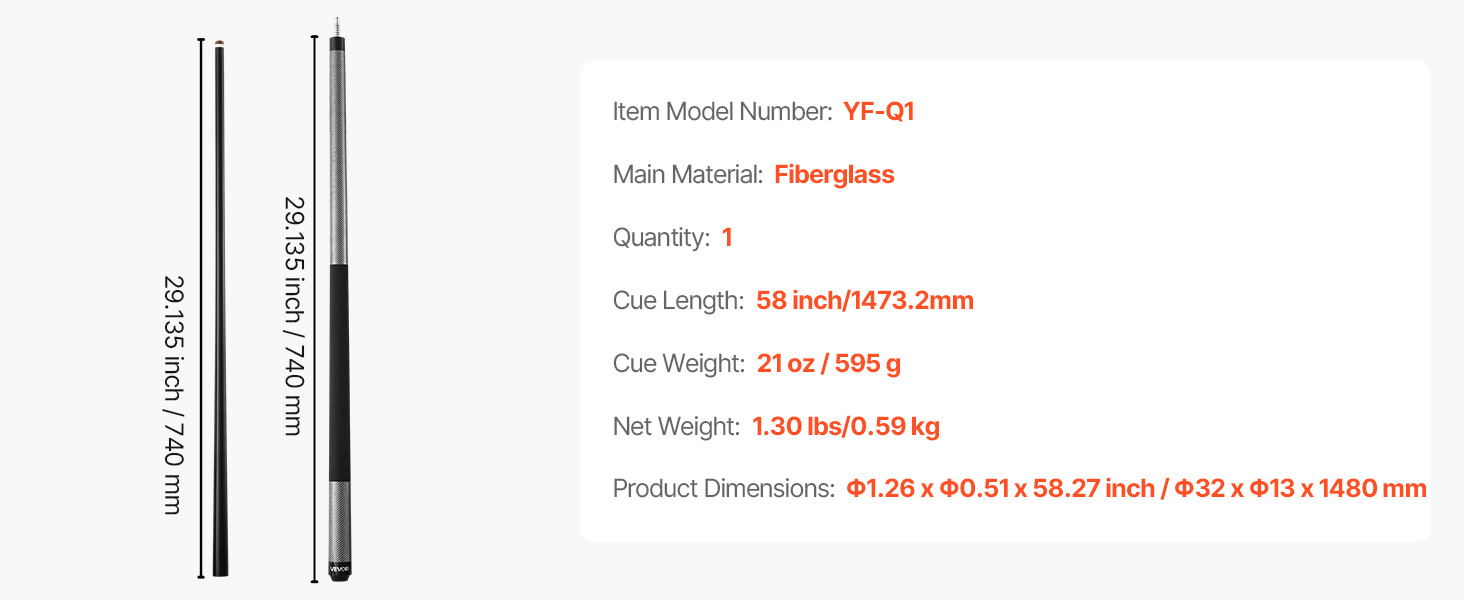 VEVOR: Більярдний кий VEVOR, 147.3 см, з багатошаровою кінцівкою та ABS-кільцем, для професійного столу, бару, дому, офісу, з фібергласу